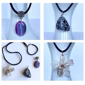 3 Stone Pendants & Cord: Quartz Flower, Striped Purple Agate, Volcanic Glass
